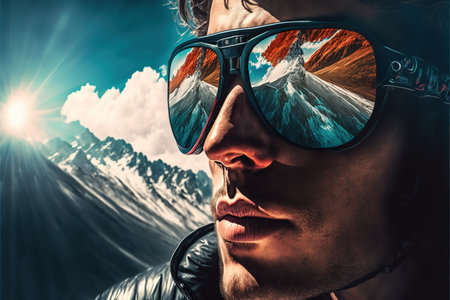 Adventure and natural travel in the wondrous mountain landscape and beautiful sky concept portrayed by young man wearing sunglasses with reflection of the nature environment by Generative AI.の素材