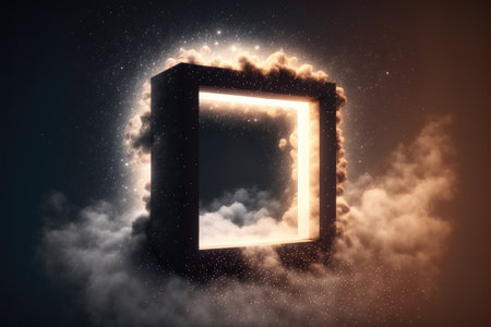 Abstract design of square shape clouds with dying colorful particles exploding. Concept of mystery outer over dark background with glowing light geometric design. Finest generative AI.の素材
