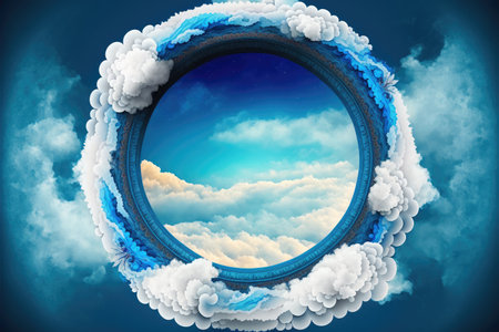 Frame made with covered white cloud in the sky in circle shape. Concept of luxurious fantasy window. Finest generative AI.の素材