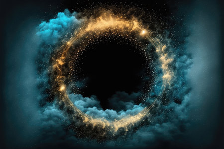 Abstract design of circle shape clouds with dying colorful particles exploding. Concept of mystery outer over dark background with glowing light geometric design. Finest generative AI.の素材