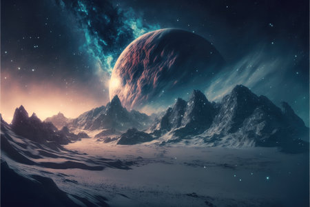 Landscape in fantasy new planet with galaxy background. Concept of nebula space atmosphere with mountain and snowy. Finest generative AI.の素材