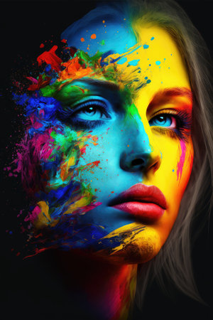 Abstract art in portrait colorful double exposure makeup. Inspiration of staggering multicolor splashing technique design. Finest generative AI.の素材