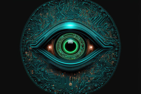 Abstract technology computer art in eyesight from circuit board ship neon light. Concept of scanning by eyeball analysis database. Finest generative AI.の素材