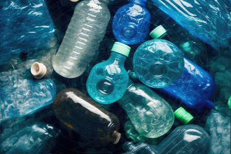 Concept of plastic recycle with blue bottle background. Inspiration of separated used plastic scrap of recyclable reducing global warming pollution. Finest generative AI.の素材