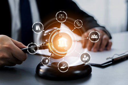 Smart law, legal advice icons and lawyer working tools in the lawyers office showing concept of digital law and online technology of astute law and regulations .の写真素材
