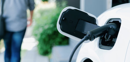 Focus electric car charging at home charging station with blurred progressive man walking in the background. Electric car using renewable clean for eco-friendly concept.の写真素材