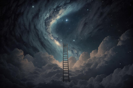 Magical stair up to night sky full of stars. superlative generative AI image.の素材