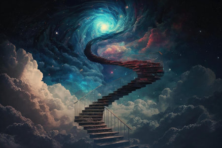 Magical stair up to night sky full of stars. superlative generative AI image.の素材