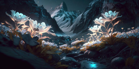 mythical scenery of glowing flower on mountain landscape at night. superlative generative AI image.の素材