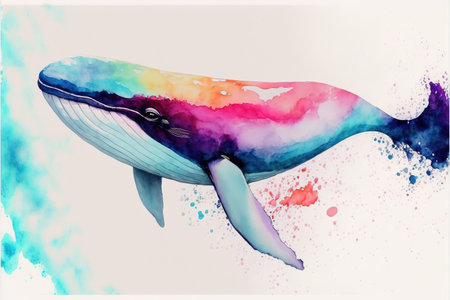 Vibrant colorful dolphin whale in watercolor splashing painting on isolated background, vivid aquatic life artwork concept. Superb Generative AIの素材