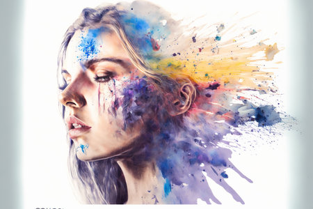 Woman with vivid watercolor explosion on her head as symbol for inner stress and negative though for intense splashing emotion mental health in modern abstract art design. Superb Generative AI.の素材