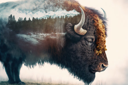 American male bison grazing on grassland with double exposure background of natural scenery in yellowstone. Large mammal body with fur and horn. Superb Generative AI.の素材