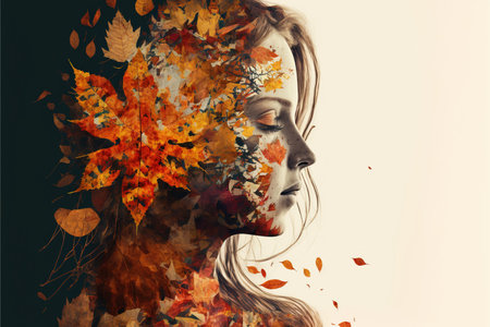 Portrait of beautiful girl covered with autumnal orange leaves on her face. Autumn season with peaceful mindset for healthy mental in double exposure concept. Superb Generative AI.の素材