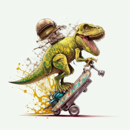 Cute dinosaurs ridding skateboard or scooter isolated white background. Concept of funny graphic cartoon in t-tex. Finest generative AI.の素材