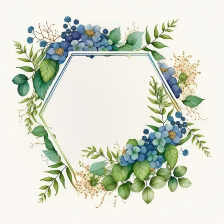 Hexagon frame of blue flower and green leaves with watercolor painting isolated on white background. Theme of vintage minimal art design in geometric. Finest generative AI.の素材
