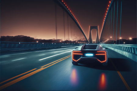 Cyber neon driving green power sport car with hybrid technology automotive in futuristic. Concept of light glowing on dark city view in night life. Finest generative AI.の素材