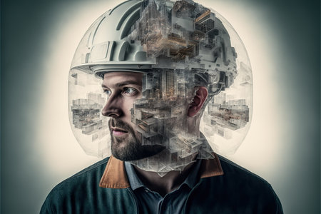 Technological engineer portrait ensuring high-quality and precise production quota on factory assembly line in wondrous double exposure. Manufacturing engineering technology concept by Generative AI.の素材