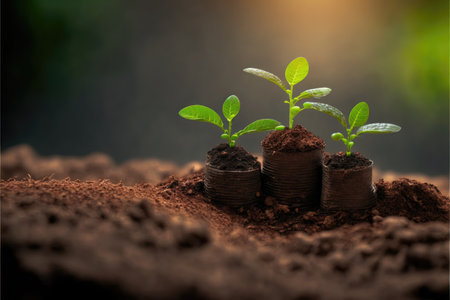 Saving concept by growing plants on coin stack isolated on blur landscape background. Theme of glowing young plant from seed in the forest. Finest generative AI.の素材