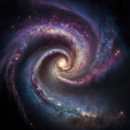 Abstract art in nebula twirl in galaxy. Concept of outer space decorated by starry composition in dynamic movement. Finest generative AI.の素材