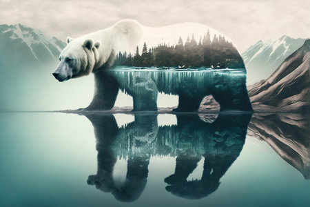 Wondrous image shown by polar bear suffer due to melting ice caused by the impact of climate change on double exposure of global warming turning arctic hotter in background by Generative AI.