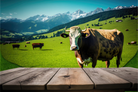 Focus empty wood table with blurred natural tree and cow with meadow background. Concept of blank space for advertising product. Finest generative AI.の素材