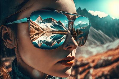 Sunglasses mirrored reflection of the wondrous mountain path and sunny sky portrayed by hiker woman in natural adventurous and nature exploring concept by Generative AI.の素材