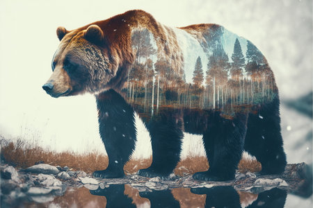 Wondrous brown grizzly bear in outdoor double exposure with natural taiga forest mountain background design as concept of adventure and exploring nature with peaceful environment. Generative AIの素材
