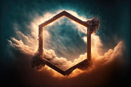 Abstract design of hexagon shape clouds with dying colorful particles exploding. Concept of mystery outer over dark background with glowing light geometric design. Finest generative AI.の素材