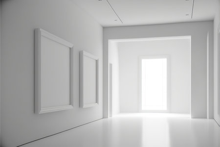 Minimalistic interior design with plain white room of museum or gallery, empty space mockup in the hall with corridor for art shows or decorations. Superb Generative AI.の素材