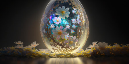 Fantastic shimmering transparent opal egg with inner magic flowers. superlative generative AI image.の素材