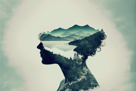 Contemporary modern double exposure silhouette portrait with woman and forest as concept of inner peace through nature in creative sense of mine abstract art. Superb Generative AIの素材