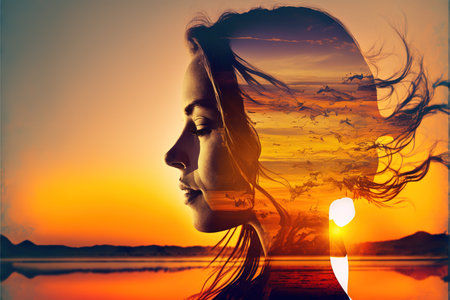 Double exposure image woman portrait with the orange sunset for peaceful mind and psychological concept. Meditative and healthy mental therapy abstract art. Superb Generative AIの素材