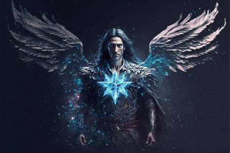 Realistic fantasy character of angelic battlemage with awe-inspiring magical abilities, donning fantastical armor and graceful wings, descends from the sky to the ground. Superb Generative AIの素材