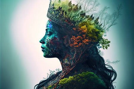 Majestic queen of the forest profile double exposure with natural greenery and foliage texture with crown floral design on her head. Fantasy princess of the woods. Superb Generative AI.の素材