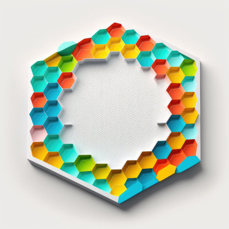 Empty hexagon frame on white background. Concept of overlapped mystery colorful watercolor box. Finest generative AI.の素材
