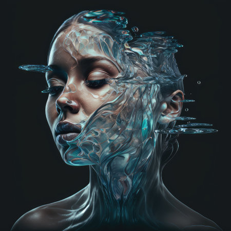 Abstract art in beautiful face woman in underwater seascape concept. Concept of closeup makeup face in swirl water design. Finest generative AI.の素材