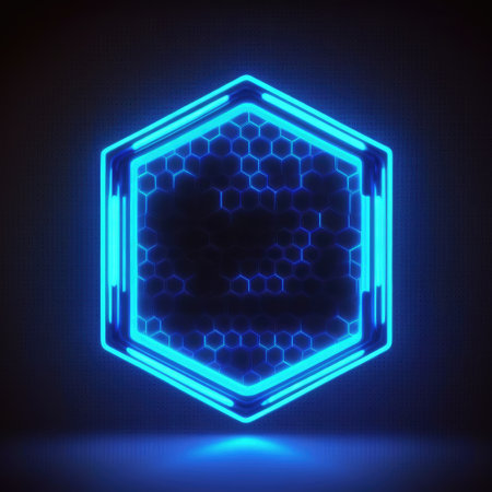 Innovation of hexagon border frame with blue neon light effects overlapped geometry in concept. Finest generative AI.の素材