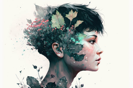 Wondrous double exposure portrait of woman in hand-painted style with watercolor of acrylics, featuring of natural decorative beautiful flowers on her head by Generative AI.の素材