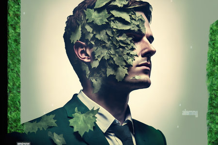 Double exposure portrait of ambitious businessman with wondrous greenery lush green leaves from tree on his head as he thinking about natural conservation and sustainability concept by Generative AI.の素材