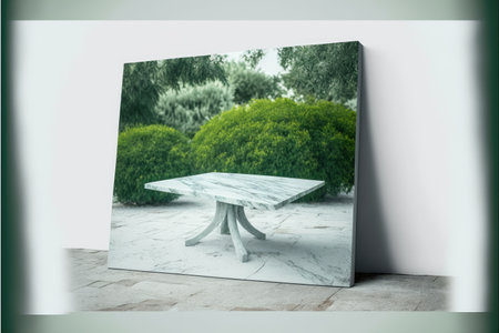 Empty marble table in natural green garden outdoor. Product placement with sunday light. Finest generative AI.の素材