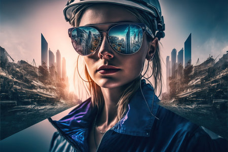 Wondrous portrait of a female engineer in sunglasses with cityscape and construction site reflection, set against a warm sunset background. Modern city living and infrastructure by Generative AIの素材