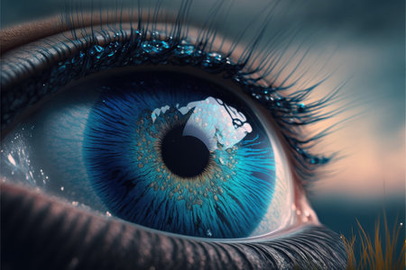 Close-Up of eye perfect blue eye macro vision. Concept of through eyelash view precise and straight to the target. Finest generative AI.の素材