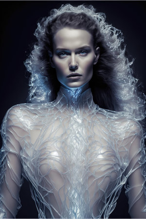 Abstract luxurious fashion design in jumpsuit. Abstract in luxury of haute couture in silicone pattern of cloth with body shape. Finest generative AI.の素材