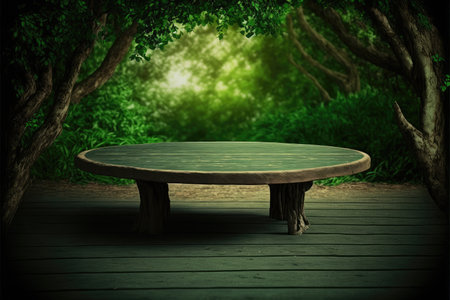 Empty wooden table in natural green garden outdoor. Product placement with sunday light. Finest generative AI.の素材