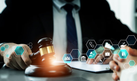 Smart law, legal advice icons and lawyer working tools in the lawyers office showing concept of digital law and online technology of astute law and regulations .の写真素材