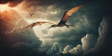 Flying imaginative creature or dinosaur fly in the sky. superlative generative AI image.の素材