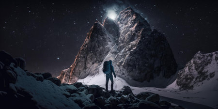 A journey of a lonely man through mountain landscape in the night sky. superlative generative AI image.の素材