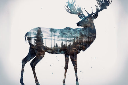 Beautiful deer in woods double exposure with natural background as concept of fertility forest and peaceful wildlife, exploring and adventure into wilderness of nature. Superb Generative AI.の素材