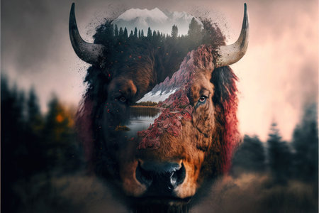 American male bison grazing on grassland with double exposure background of natural scenery in yellowstone. Large mammal body with fur and horn. Superb Generative AI.の素材