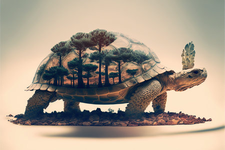 Contemporary abstract artwork double exposure turtle of and forest landscape design, concept of aimal and natural wilderness adventure. Superb Generative AI.の素材